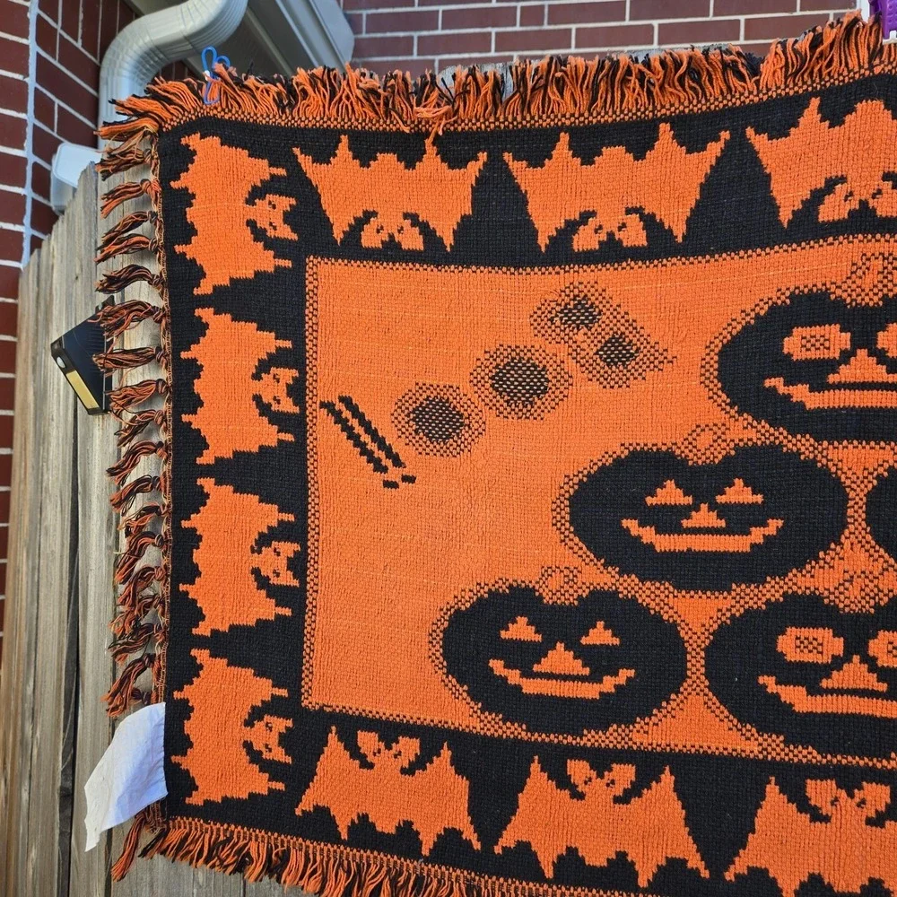 Vtg 1996 Windham Trading Pumpkin Halloween Tapestry Rug Throw Decor 30 X 48